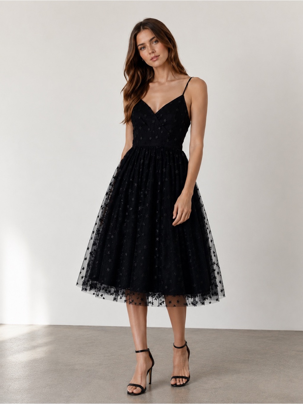 J.Crew Star Embroidered Tulle Black Midi Dress Size 2